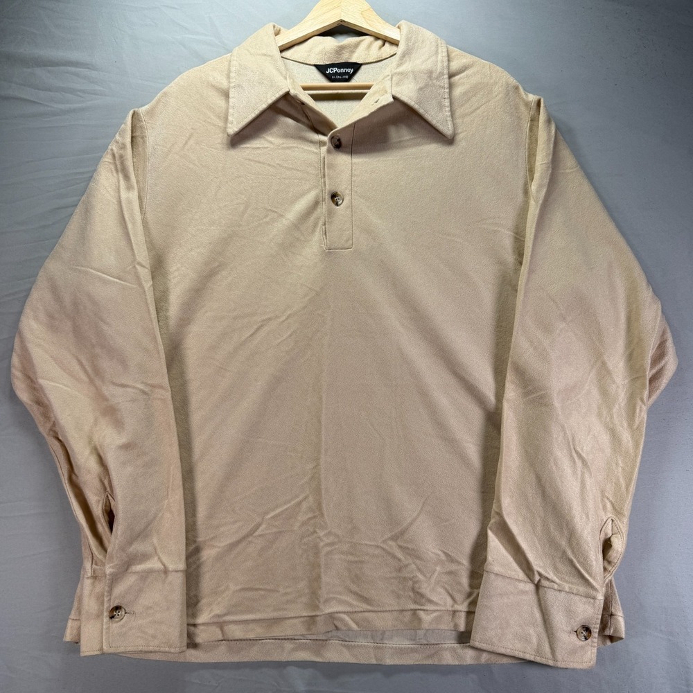 True Vintage JC Penny Long Sleeve Polo Shirt Mens XL Beige Terry Cloth Towel 80s